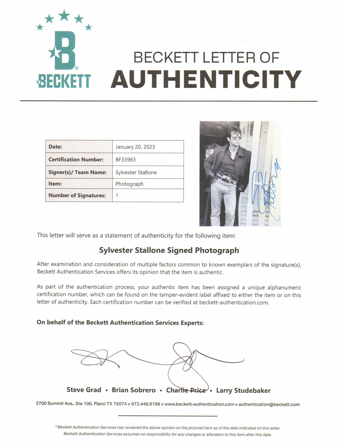 
                  
                    Sylvester Stallone as Lt. Marion 'Cobra' Cobretti in Cobra (Beckett) Signed 8x10 Photo
                  
                