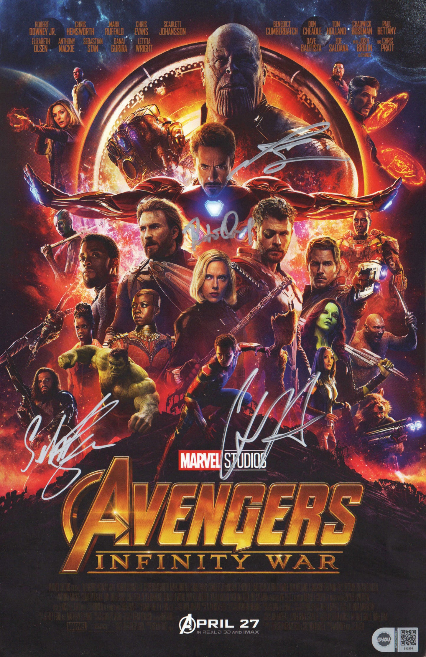 
                  
                    Avengers: Infinity War 11x17 Mini Poster (SWAU) Signed by Robert Downey Jr., Chris Hemsworth, Sebastian Stan, and Josh Brolin
                  
                