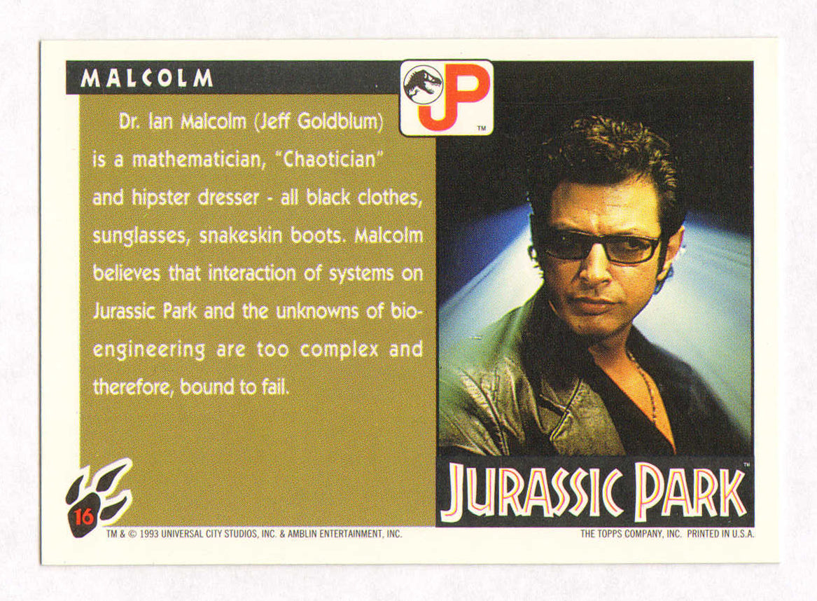 
                  
                    Jeff Goldblum as Dr. Ian Malcolm in Jurassic Park Signed Topps Trading Card #16
                  
                