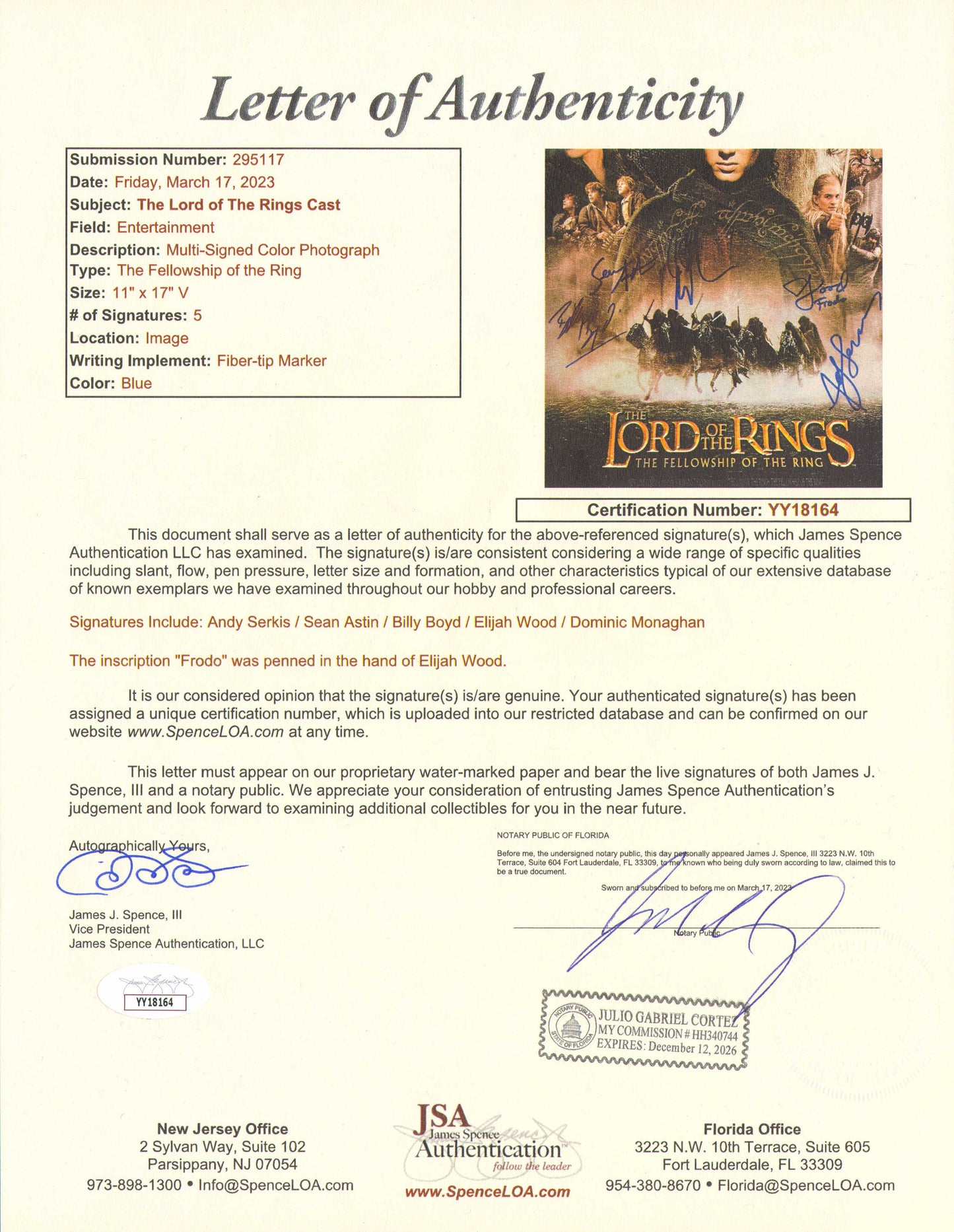 
                  
                    The Lord of the Rings: The Fellowship of the Ring 11x17 Mini Poster Cast Signed by Elijah Wood, Sean Astin, Billy Boyd, Dominic Monaghan, & Andy Serkis with Character Names & Quotes
                  
                