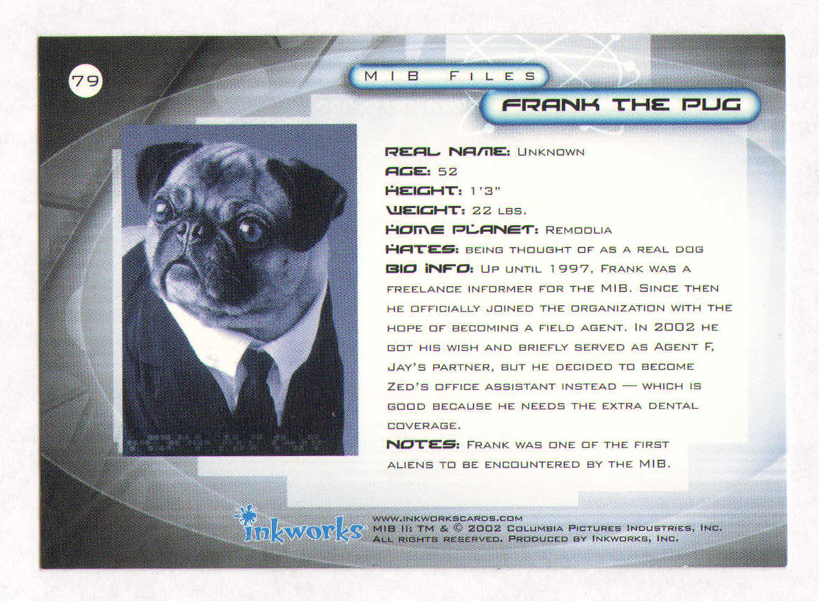 
                  
                    Tim Blaney as Frank the Pug in Men in Black II Signed Inkworks Trading Card #79
                  
                