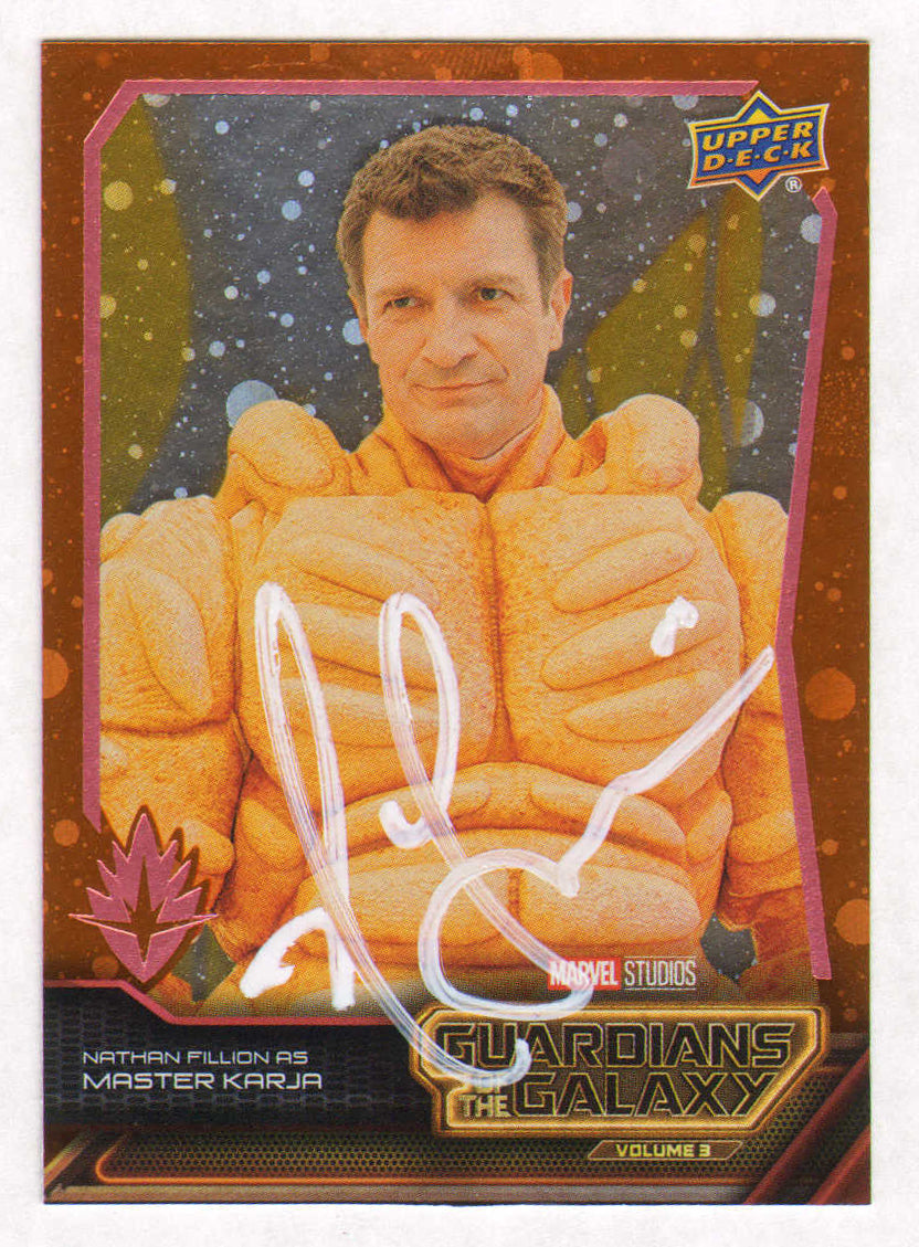 
                  
                    Nathan Fillion as Master Karja in Guardians of the Galaxy Vol. 3 Signed Upper Deck Trading Card #E-13
                  
                
