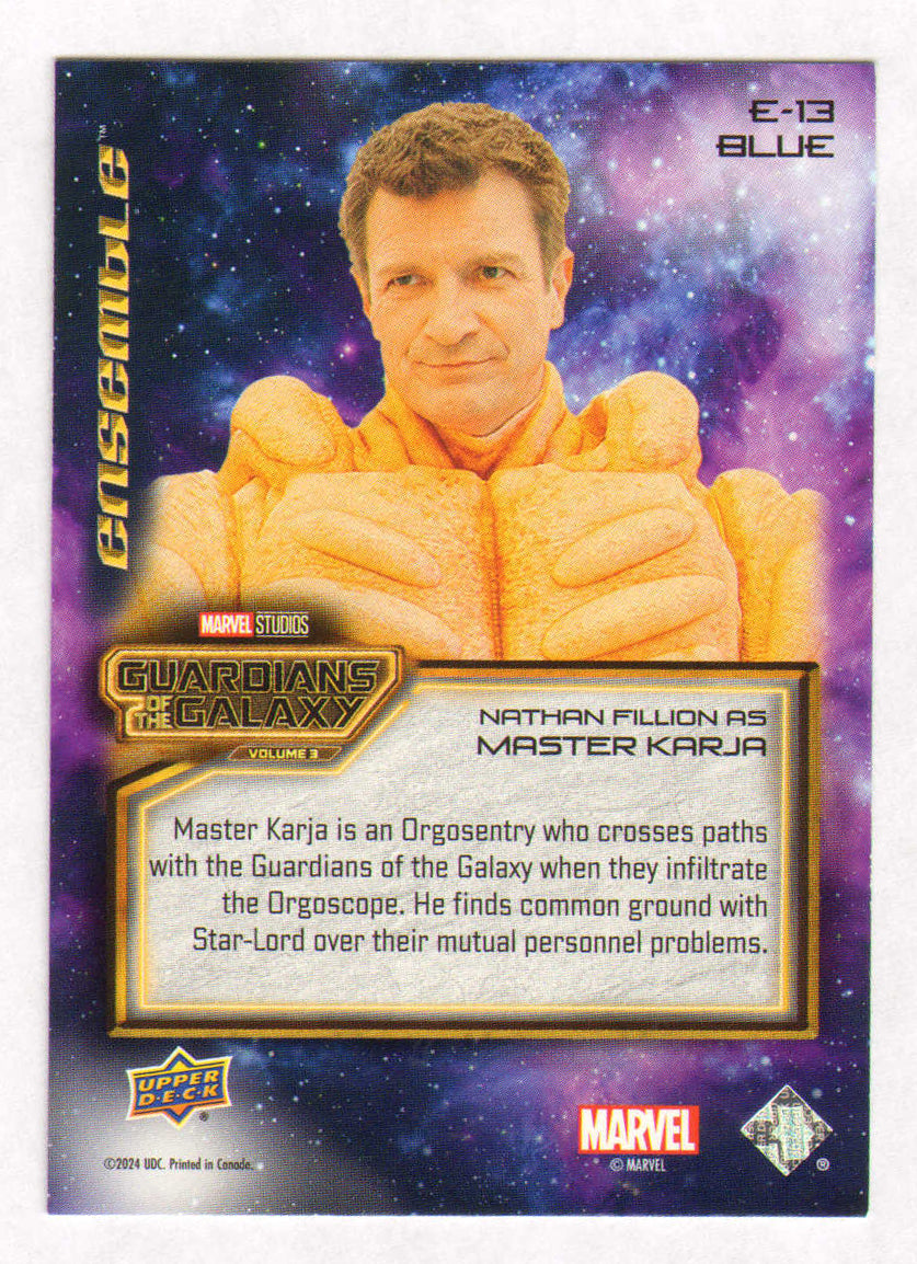 
                  
                    Nathan Fillion as Master Karja in Guardians of the Galaxy Vol. 3 Signed Upper Deck Trading Card #E-13
                  
                