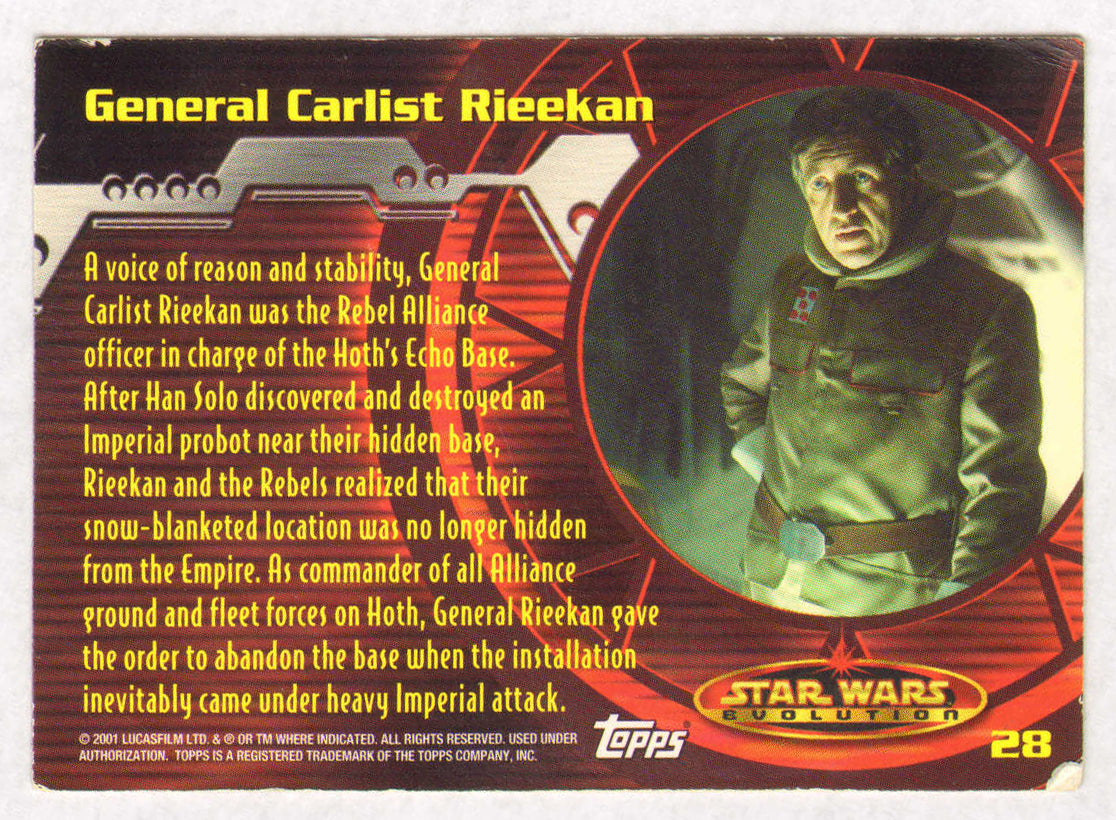 
                  
                    Bruce Boa as General Rieekan in Star Wars: The Empire Strikes Back Signed Topps Star Wars Evolution Trading Card #28 with Character Name
                  
                