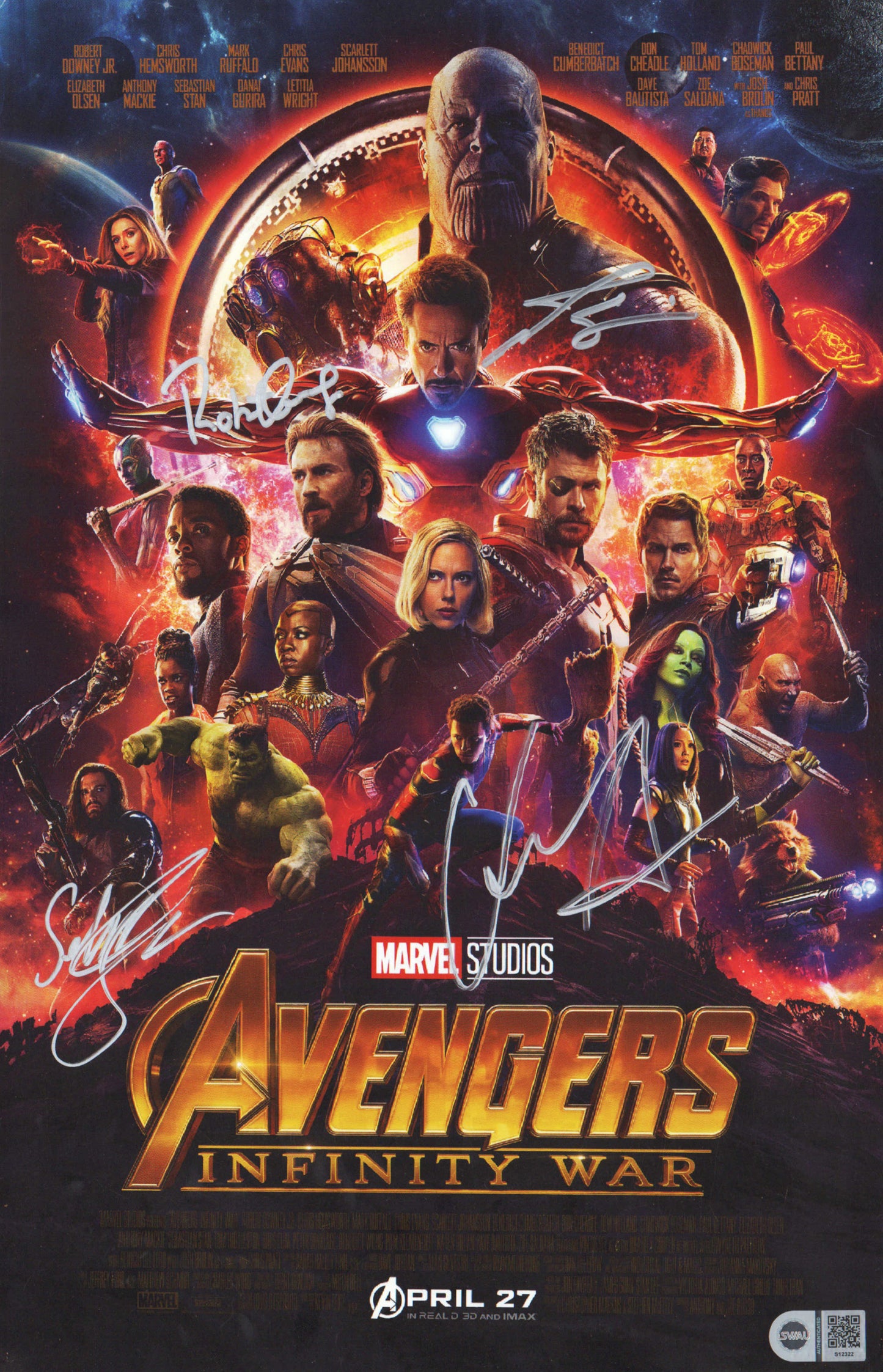 
                  
                    Avengers: Infinity War 11x17 Mini Poster (SWAU) Cast Signed by Robert Downey Jr., Chris Hemsworth, Sebastian Stan, and Josh Brolin
                  
                