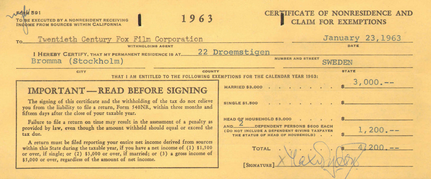 
                  
                    Max Von Sydow from Star Wars: The Force Awakens, Pelle the Conqueror, The Exorcist, The Seventh Seal, & Shutter Island Signed Document
                  
                