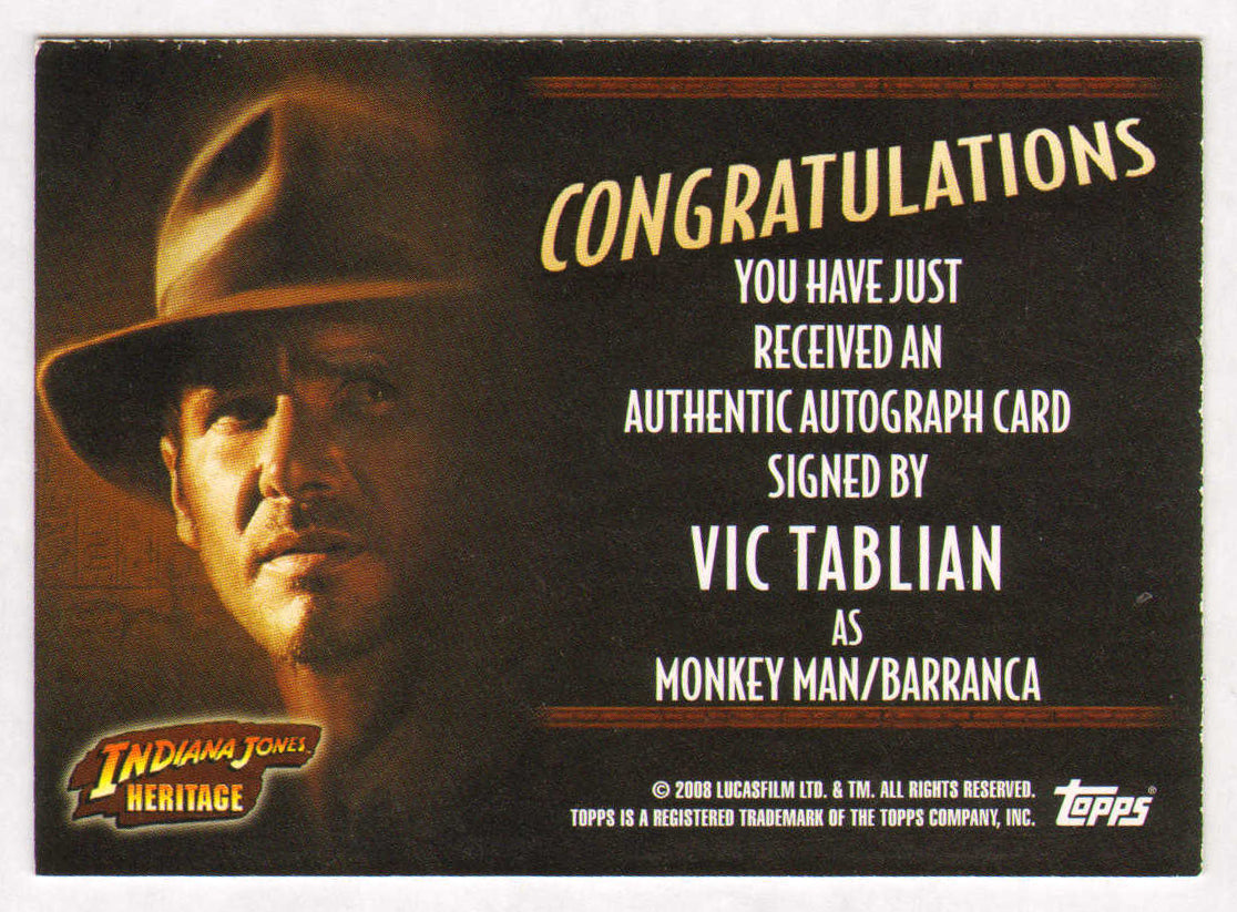 
                  
                    Vic Tablian as Monkey Man / Barranca in Indiana Jones & the Raiders of the Lost Ark Signed Indiana Jones Heritage Topps Trading Card
                  
                