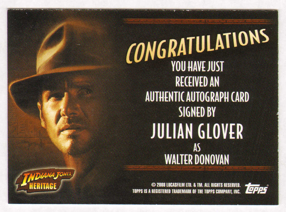 
                  
                    Julian Glover as Walter Donovan in Indiana Jones & the Raiders of the Lost Ark Signed Indiana Jones Heritage Topps Trading Card
                  
                