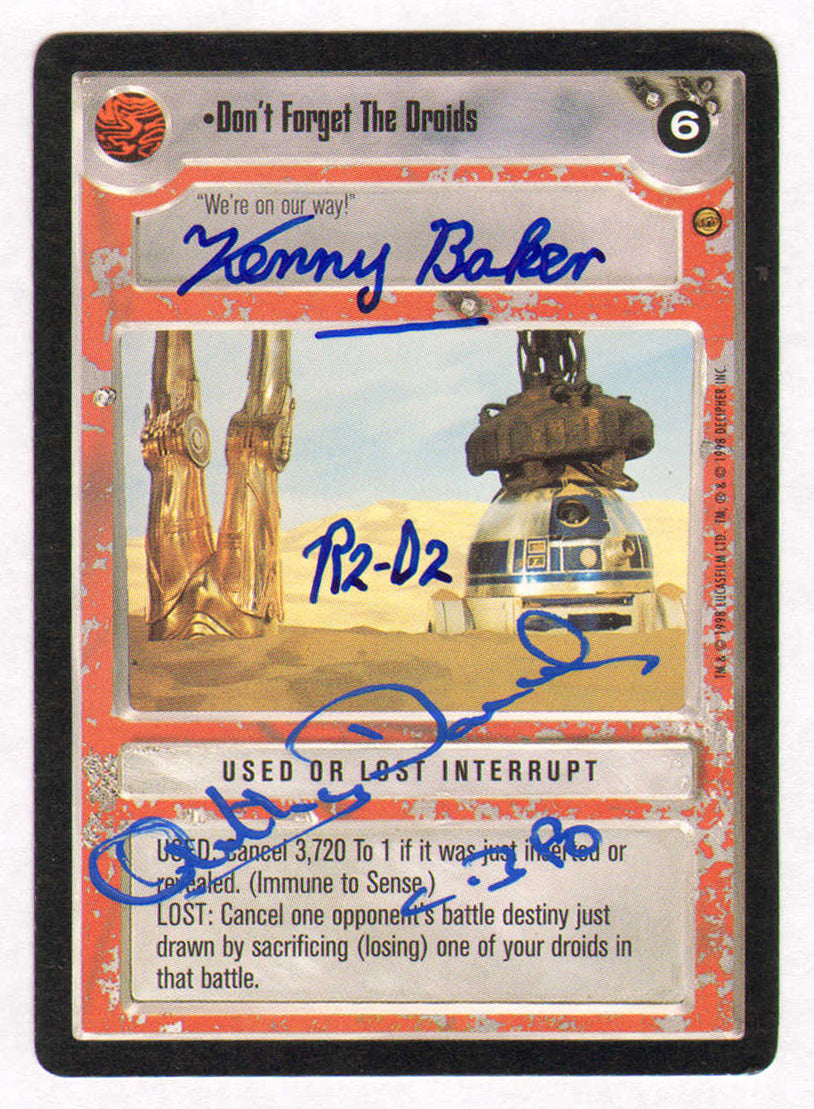 
                  
                    Anthony Daniels as C-3PO & Kenny Baker as R2-D2 in Star Wars: Return of the Jedi Signed Trading Card #6 with Character Names
                  
                