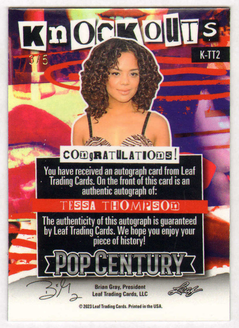 
                  
                    Tessa Thompson from Thor: Ragnarok, Thor: Love & Thunder, & Men in Black: International Signed Leaf Pop Century Knockouts Trading Card Limited Edition #3/5
                  
                