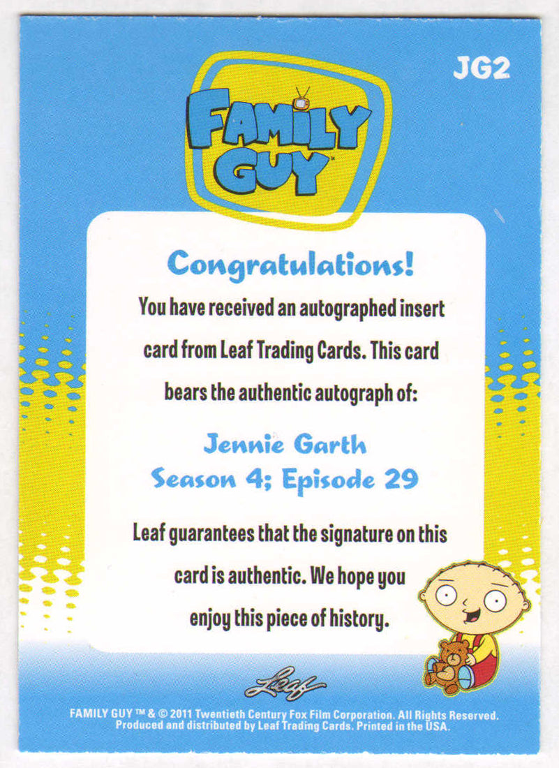 
                  
                    Jennie Garth as Kelly Taylor in Family Guy Signed Leaf Trading Card
                  
                