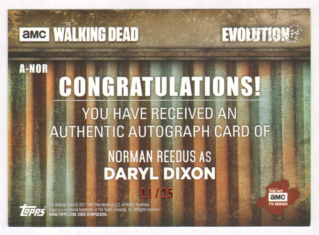 
                  
                    Norman Reedus as Daryl Dixon in The Walking Dead Signed Topps Trading Card #11/25
                  
                
