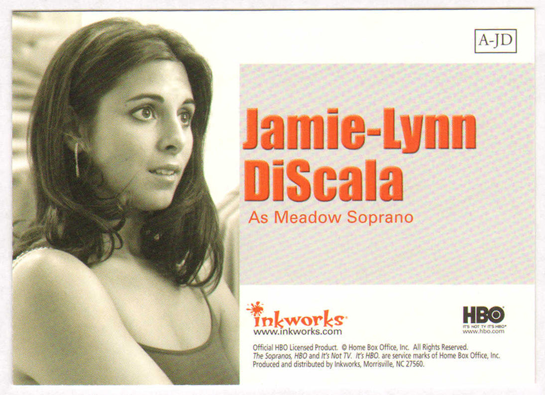
                  
                    Jamie-Lynn Discala as Meadow Soprano from The Sopranos Signed Inkworks Trading Card
                  
                