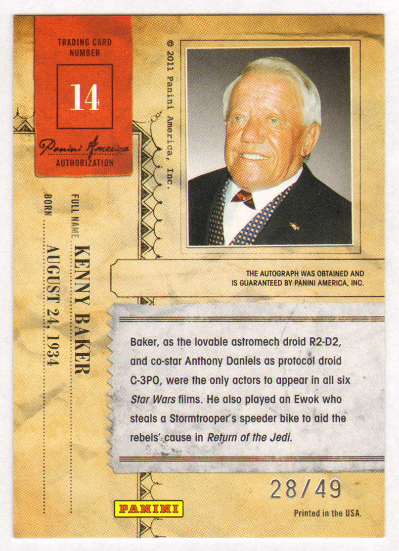 
                  
                    Kenny Baker as R2-D2 in Star Wars Signed Panini Americana Trading Card #14 Limited Edition #28/49
                  
                
