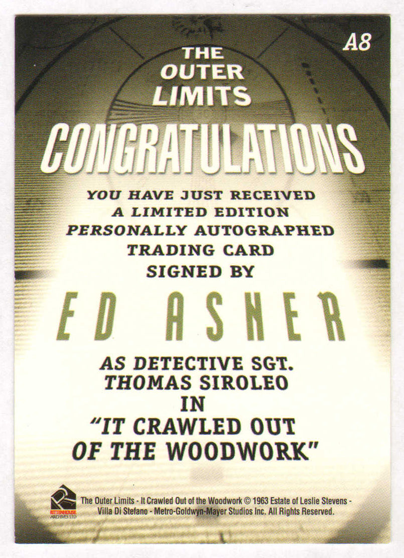 
                  
                    Ed Asner as Detective Sergeant Thomas Siroleo in It Crawled Out of the Woodwork Signed The Outer Limit Rittenhouse Trading Card
                  
                