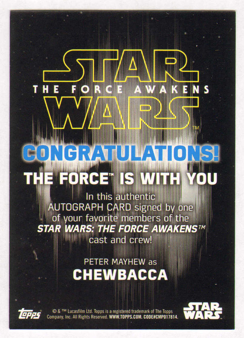 
                  
                    Peter Mayhew as Chewbacca in Star Wars: The Force Awakens Signed Topps Trading Card
                  
                