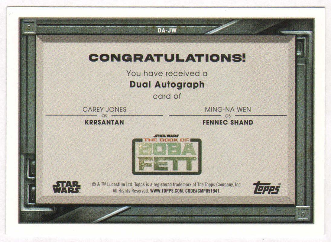 
                  
                    Carey Jones as Krrsantan & Ming-Na Wen as Fennec Shand in Star Wars: The Book of Boba Fett Signed Topps Trading Card Limited Edition #19/25
                  
                