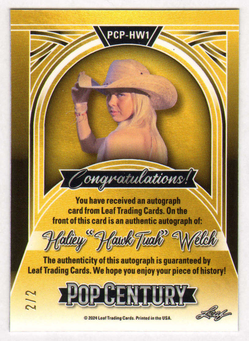 
                  
                    Haley "Hawk Tuah" Welch Signed Leaf Pop Century Trading Card with Inscription Limited Edition #2/2
                  
                