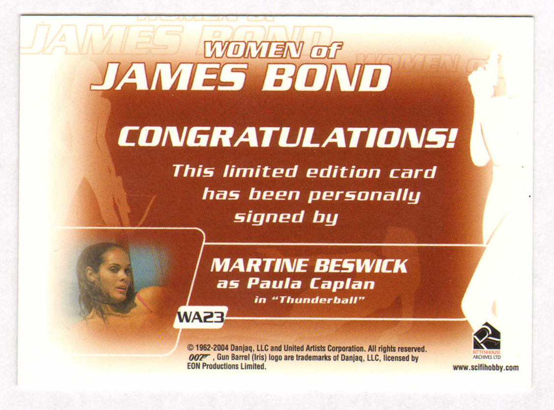 
                  
                    Martine Beswick as Paula Caplan in Thunderball Signed Rittenhouse Women of James Bond Trading Card #WA23
                  
                
