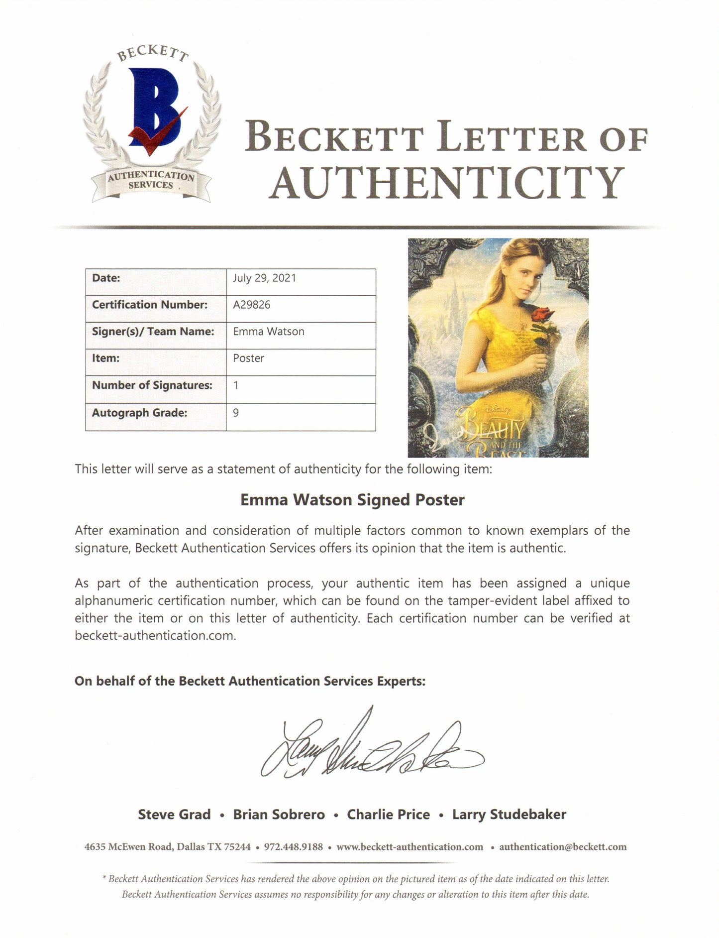 
                  
                    Emma Watson as Belle in Beauty & the Beast (Beckett) Signed 11x17 Mini Poster
                  
                