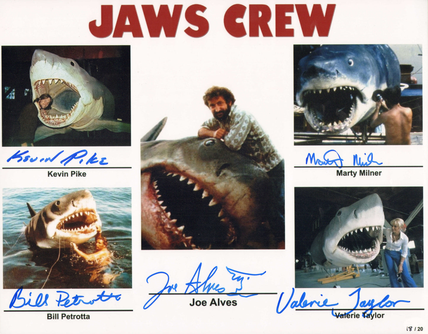 
                  
                    Jaws 11x14 Photo Cast Signed by Joe Alves, Kevin Pike, Bill Petrotta, Valerie Taylor, & Marty Milner
                  
                