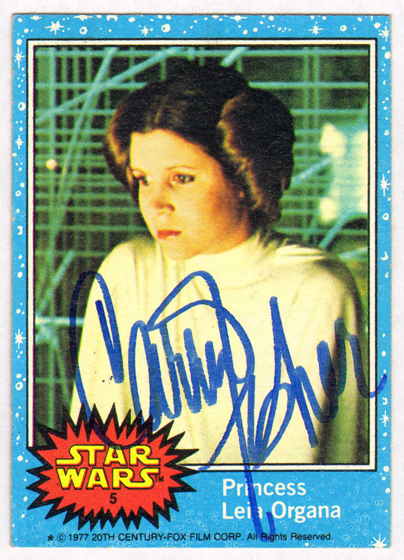 
                  
                    Carrie Fisher as Princess Leia in Star Wars: A New Hope Signed 1977 Topps Trading Card #5
                  
                