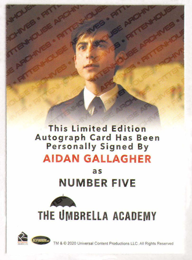 
                  
                    Aidan Gallagher as Number Five in The Umbrella Academy Signed Rittenhouse Trading Card with Character Name & Remark
                  
                
