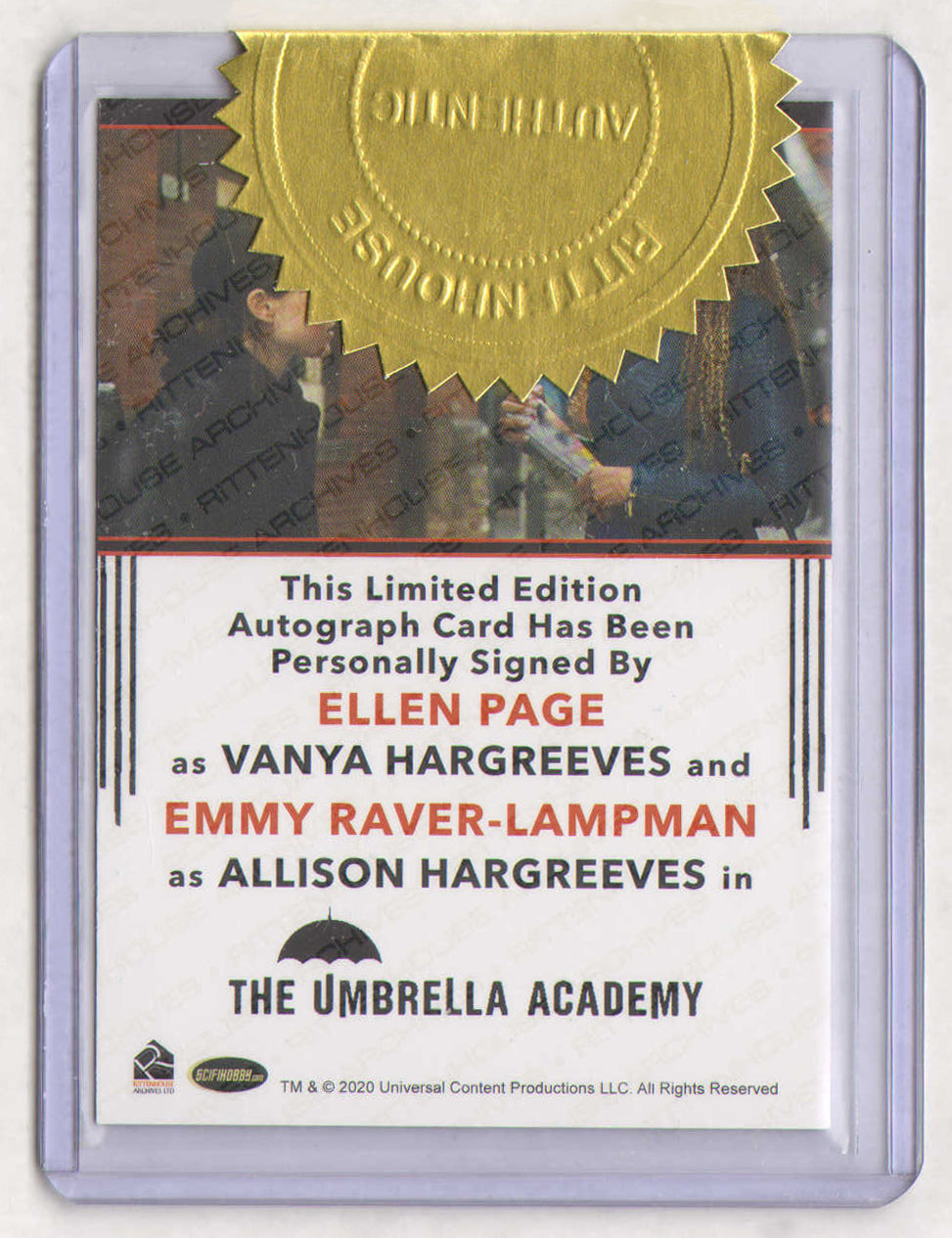 
                  
                    Elliot / Ellen Page as Viktor / Vanya Hargreeves & Emmy Raver-Lampman as Allison Hargreeves in The Umbrella Academy Signed Rittenhouse Trading Card
                  
                