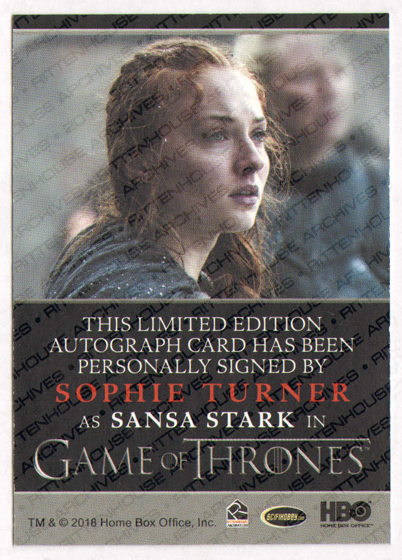 
                  
                    Sophie Turner as Sansa Stark in Game of Thrones Signed Rittenhouse Trading Card
                  
                