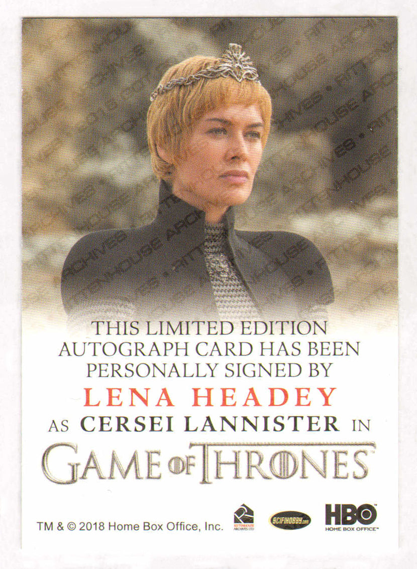 
                  
                    Lena Headey as Cersei Lannister in Game of Thrones Signed Rittenhouse Trading Card with Quote
                  
                