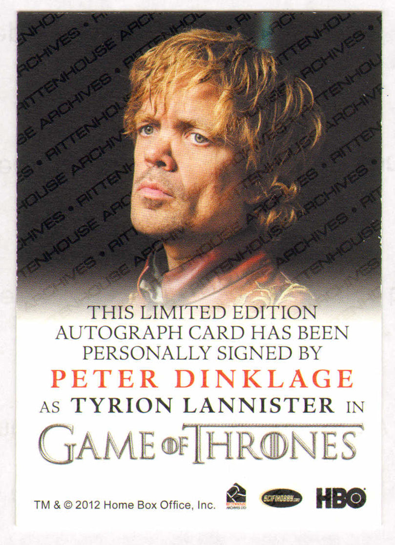 
                  
                    Peter Dinklage as Tyrion Lannister in Game of Thrones Signed Rittenhouse Trading Card
                  
                