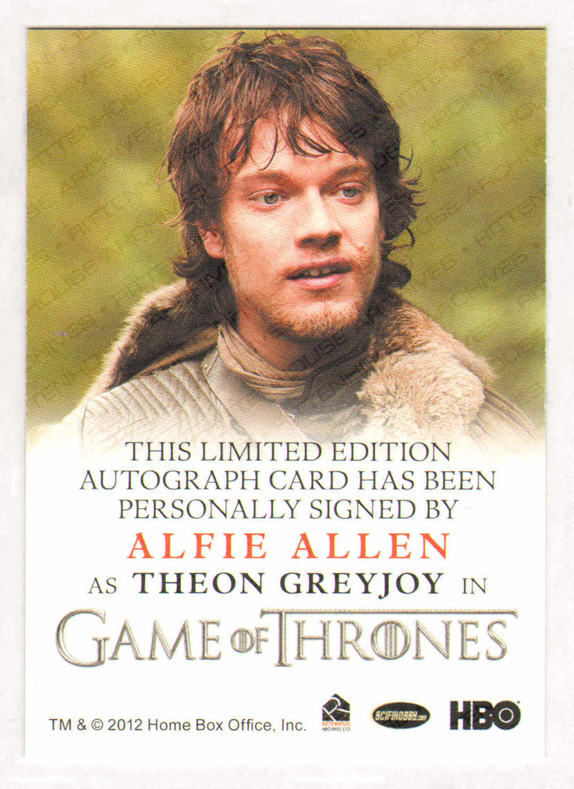 
                  
                    Alfie Allen as Theon Greyjoy in Game of Thrones Signed Rittenhouse Trading Card
                  
                