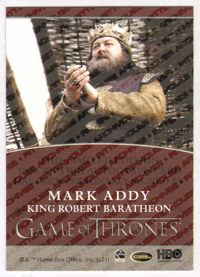 
                  
                    Mark Addy as King Robert Baratheon in Game of Thrones Signed Rittenhouse Trading Card with Quote
                  
                