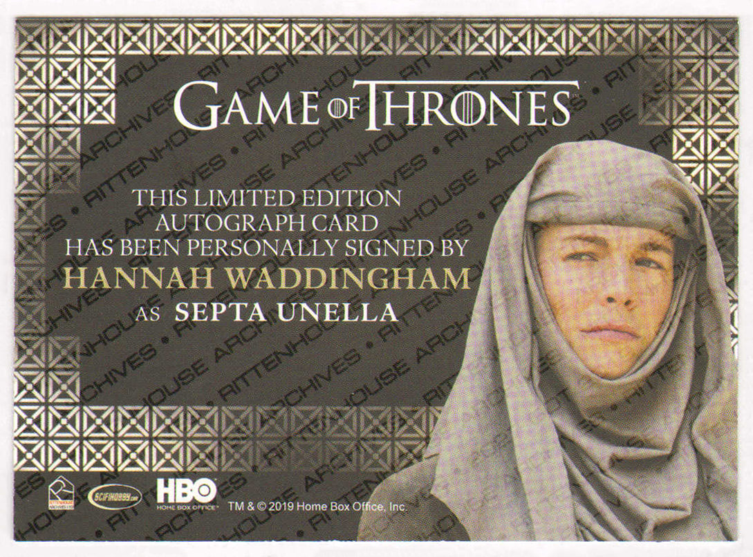 
                  
                    Hannah Waddingham as Septa Unella in Game of Thrones Signed Rittenhouse Trading Card with Quote
                  
                