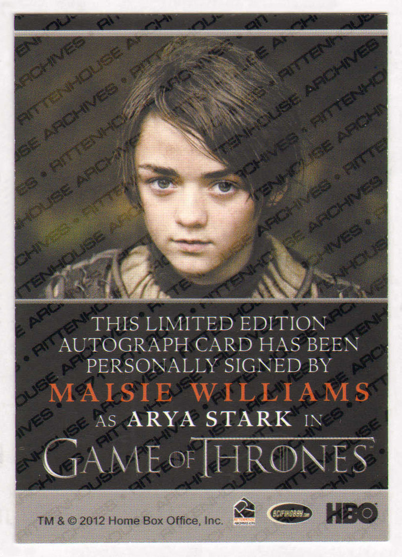 
                  
                    Maisie Williams as Arya Stark in Game of Thrones Signed Rittenhouse Trading Card
                  
                