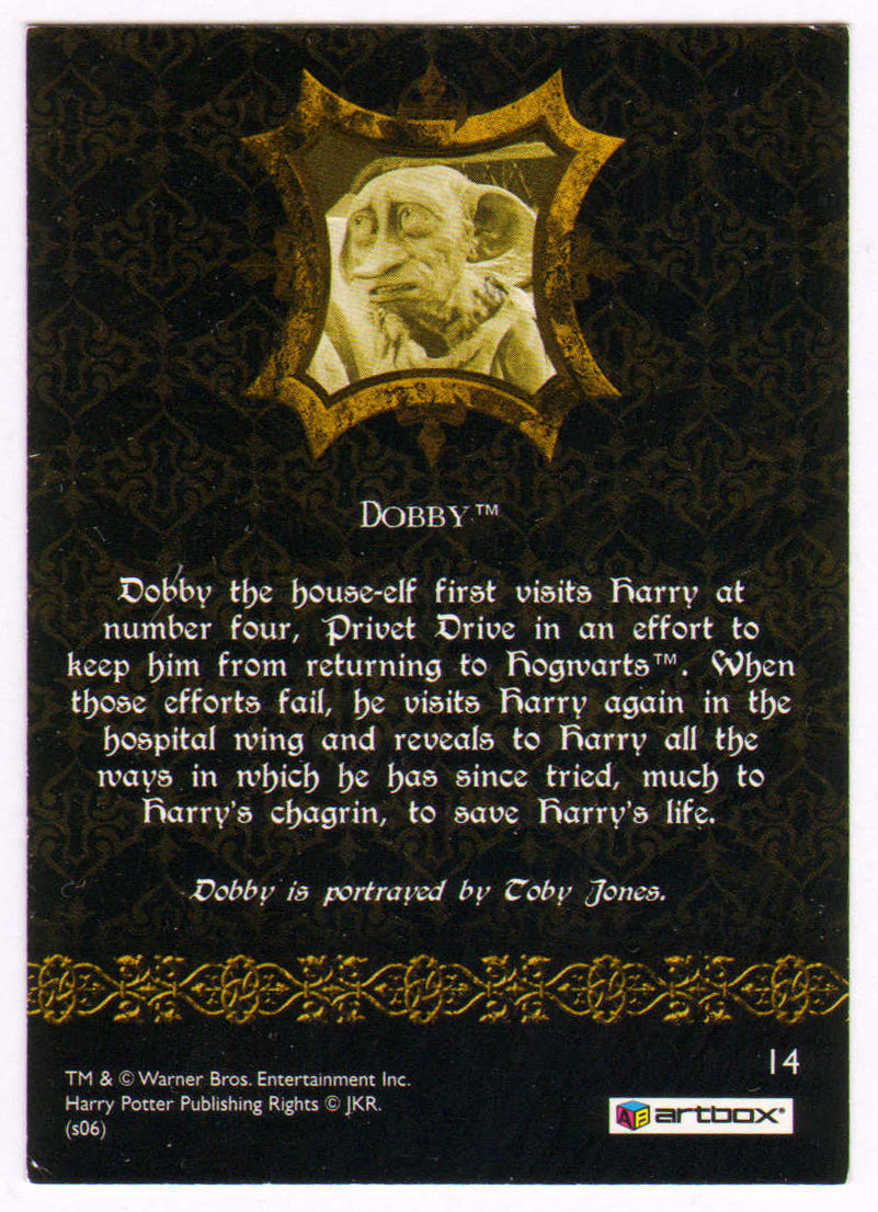
                  
                    Toby Jones as Dobby in Harry Potter & the Chamber of Secrets Signed Artbox Trading Card #14
                  
                