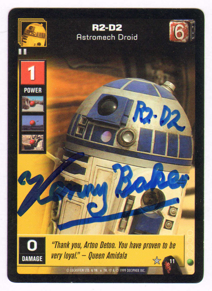 
                  
                    Kenny Baker as R2-D2 in Star Wars Signed Young Jedi Trading Card #6 with Character Name
                  
                
