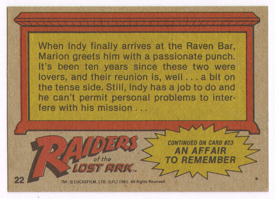
                  
                    Karen Allen as Marion Ravenwood in Indiana Jones: Raiders of the Lost Ark Signed 1981 Topps Trading Card #22
                  
                