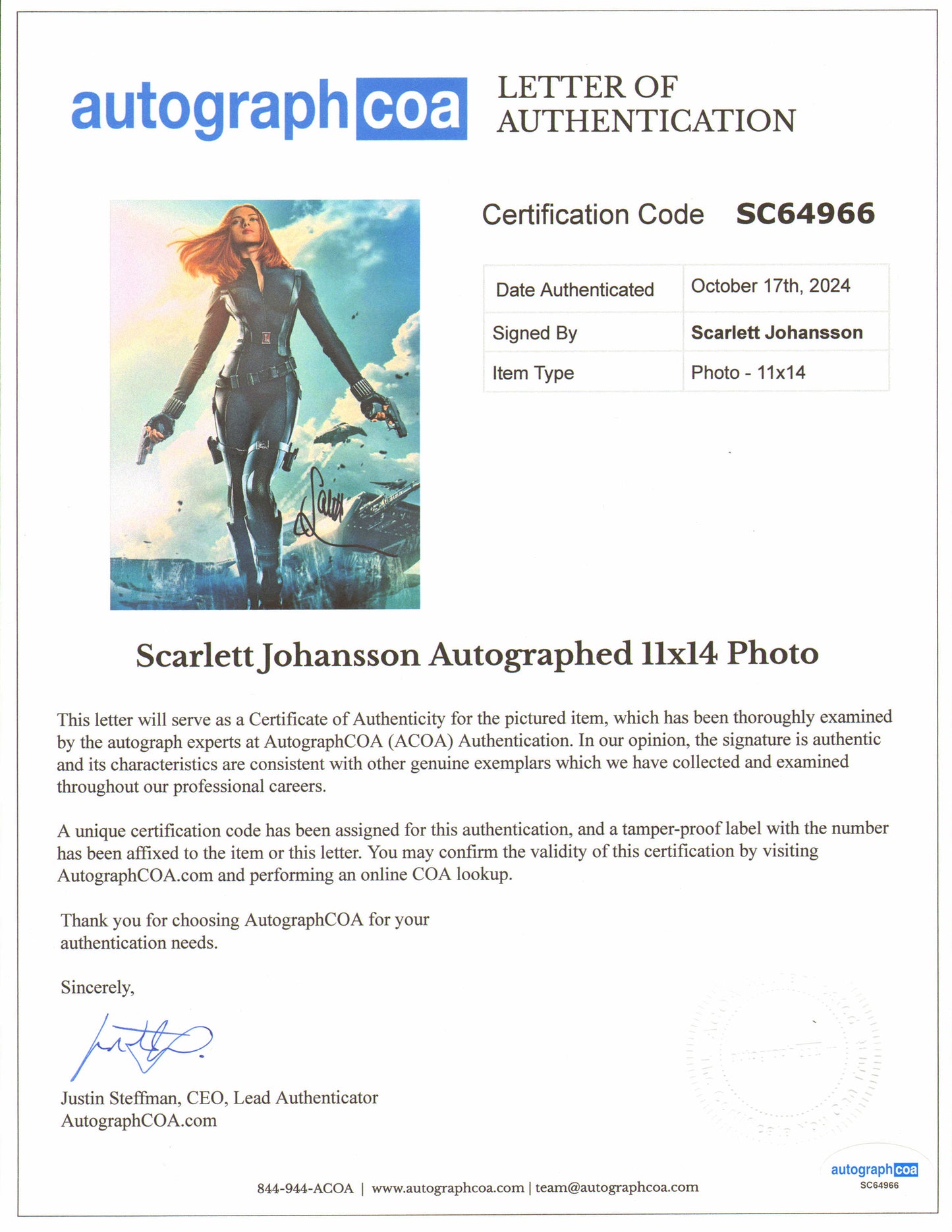 
                  
                    Scarlett Johansson as Black Widow in Captain America: The Winter Soldier Signed 11x14 Photo
                  
                
