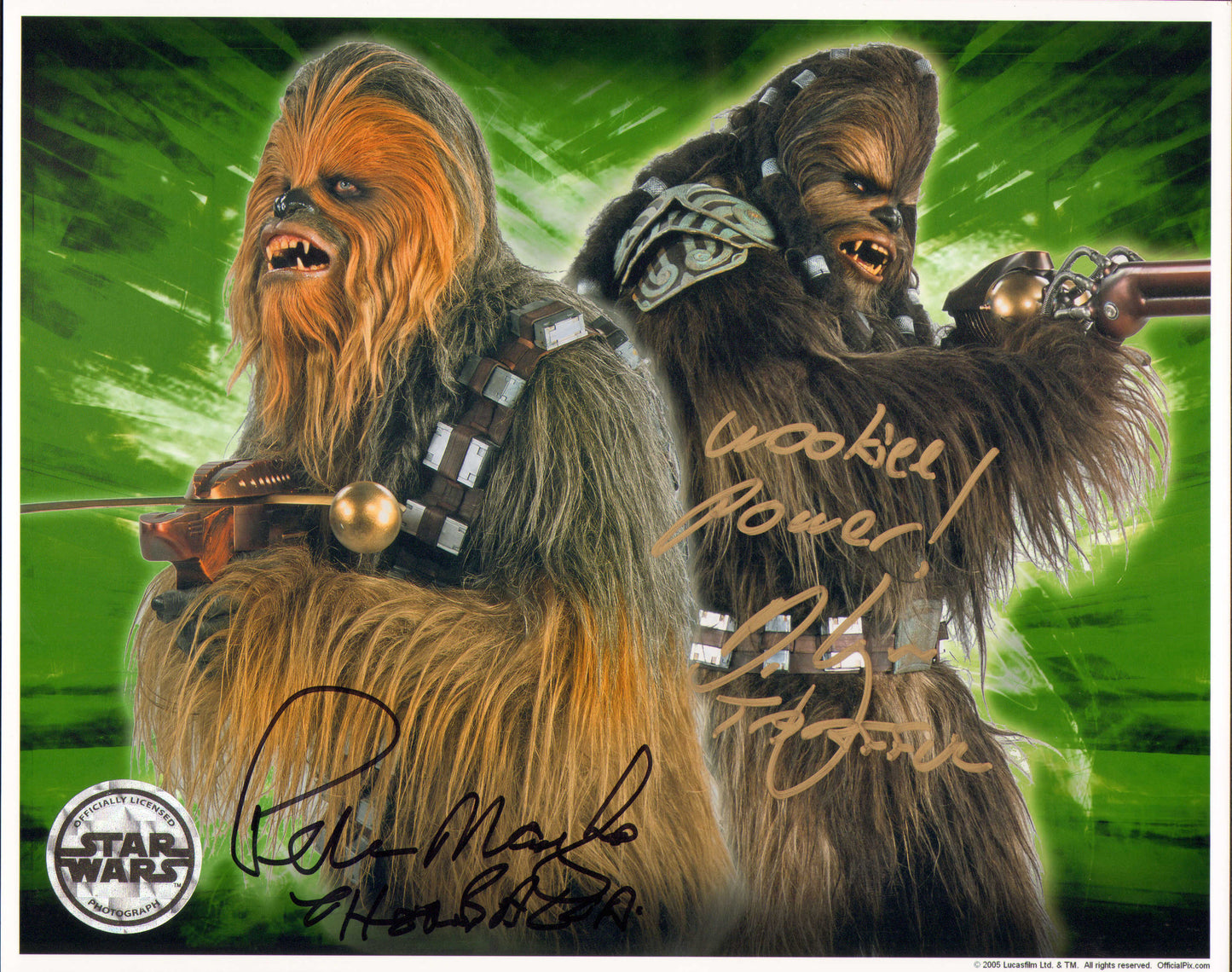 
                  
                    Peter Mayhew as Chewbacca & Michael Kingma as Tarfful in Star Wars Episode III: Revenge of the Sith (Official Pix) Signed 8x10 Photo with Character Names
                  
                
