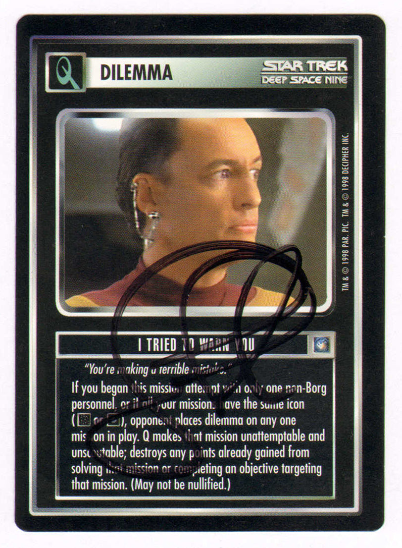 
                  
                    John de Lancie as Q in Star Trek: Deep Space Nine Signed Star Trek 'Dilemma' CCG Trading Card
                  
                