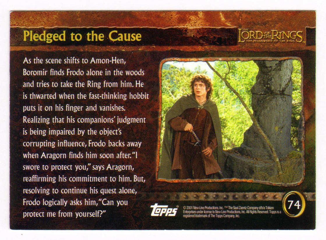 
                  
                    Viggo Mortensen as Aragorn in The Lord of the Rings: The Fellowship of the Ring Signed 'Pledge to the Cause' Topps Trading Card #74
                  
                
