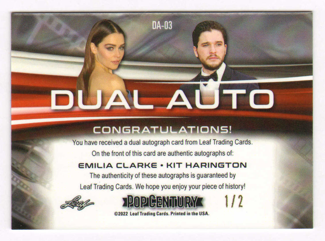 
                  
                    Emilia Clarke & Kit Harington Signed Leaf Pop Century Dual Auto Trading Card Limited Edition 1/2
                  
                