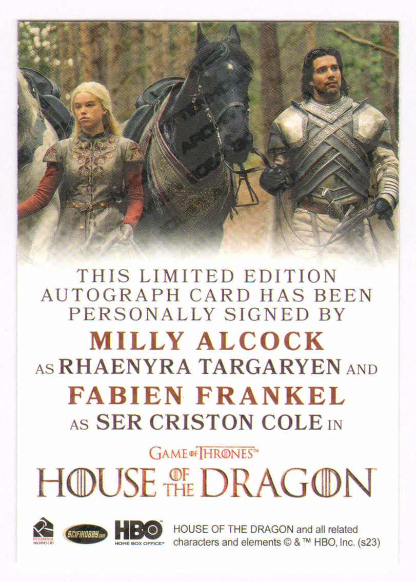 
                  
                    Milly Alcock as Rhaenyra Targaryen & Fabien Frankel as Ser Criston Cole in House of the Dragon Signed Rittenhouse Trading Card
                  
                