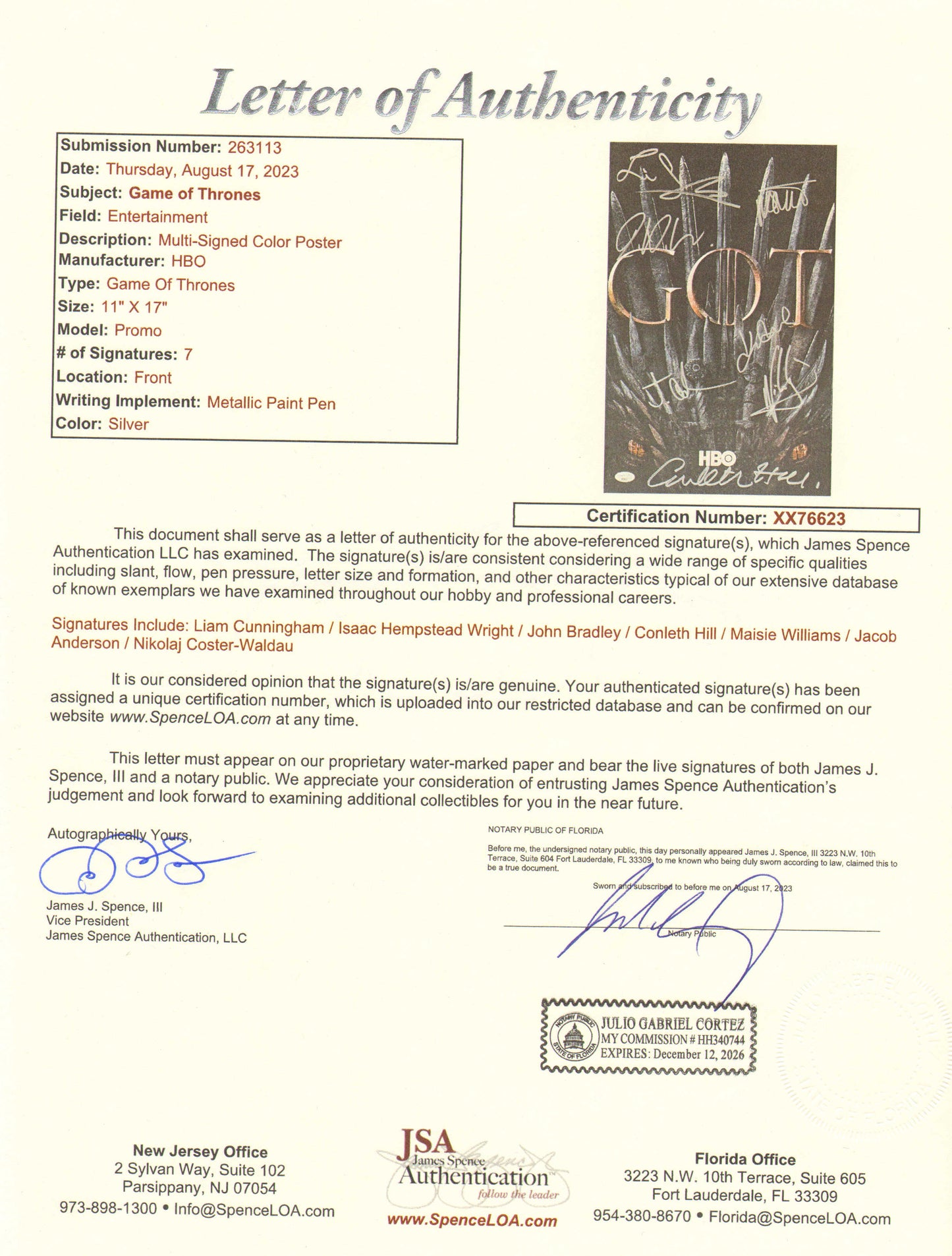 
                  
                    Game of Thrones (JSA) 11x17 Mini Poster Cast Signed by Liam Cunningham, Isaac Hempstead Wright, John Bradley, Conleth Hill, Maisie Williams, Jacob Anderson, & Nikolaj Coster-Waldau
                  
                