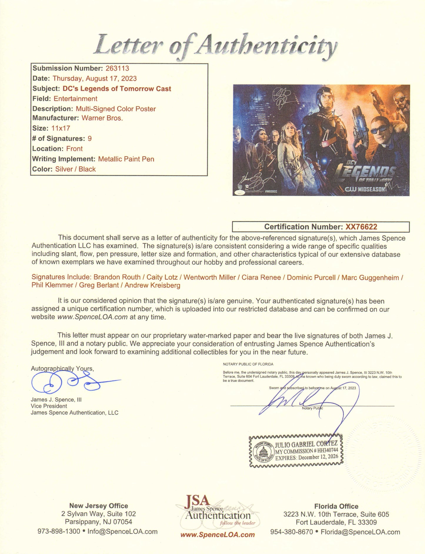 
                  
                    Legends of Tomorrow 11x17 Mini Poster (JSA) Cast Signed by Brandon Routh, Caity Lotz, Wentworth Miller, Ciara Renee, Dominic Purcell, Marc Guggenheim, Phil Klemmer, Greg Berlant, & Andrew Kreisberg
                  
                