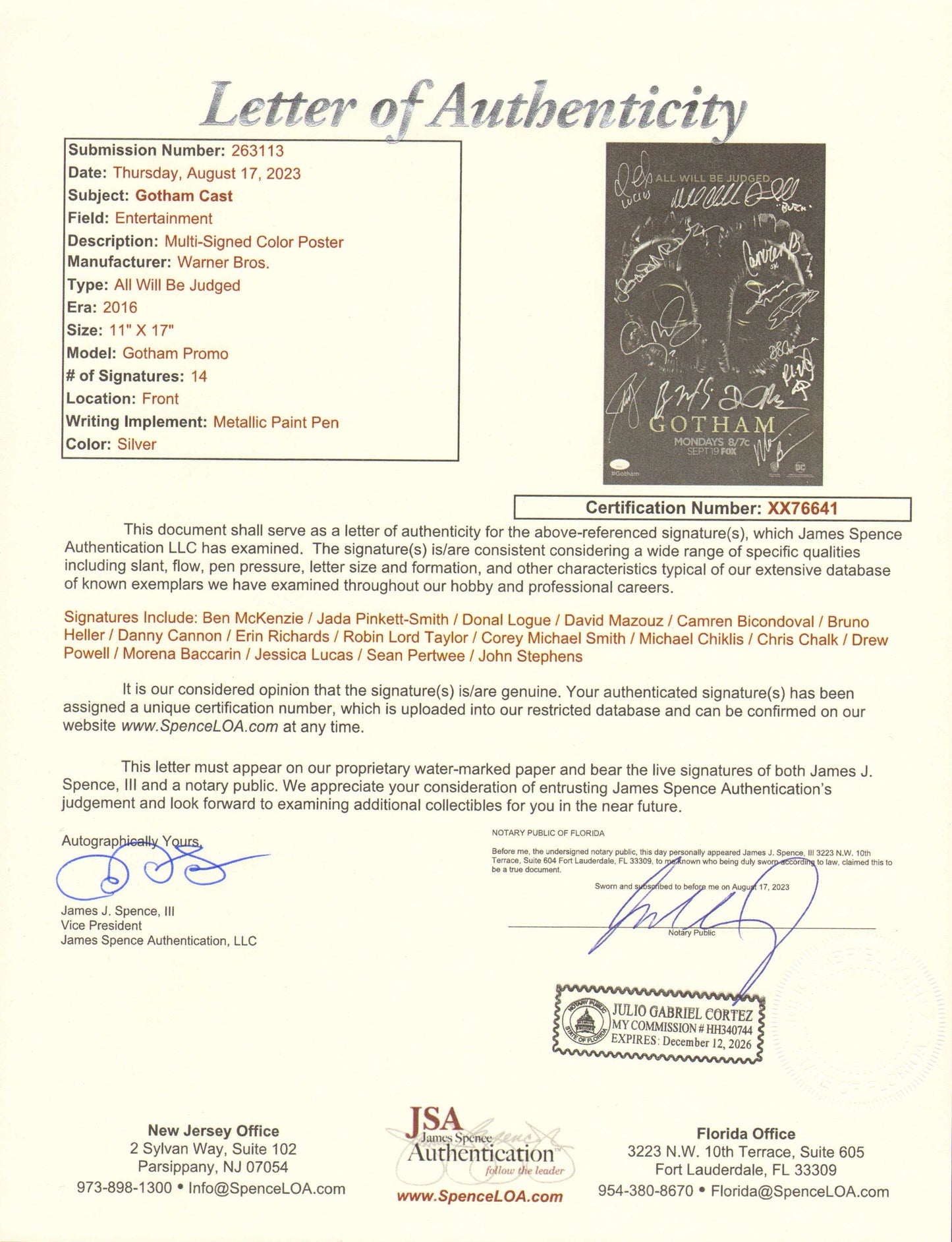 
                  
                    Gotham (JSA) 11x17 Mini Poster Cast Signed by Ben McKenzie, Jada Pinkett-Smith, Donal Logue, David Mazouz, Camren Bicondoval, Bruno Heller, Danny Cannon, Erin Richards, Robin Lord Taylor, Corey Michael Smith, Michael Chiklis, Morena Baccarin & More
                  
                