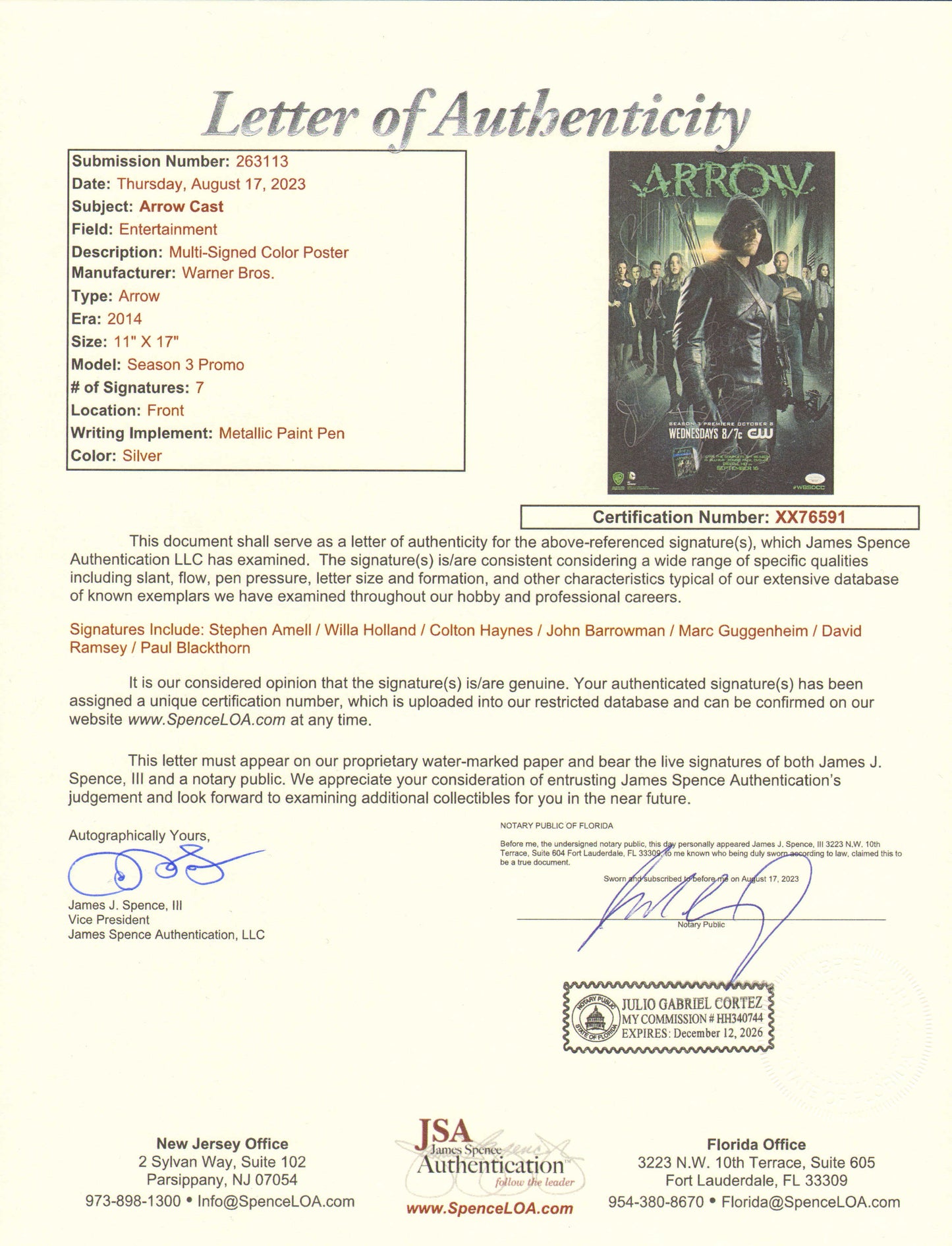 
                  
                    Arrow (JSA) 11x17 Mini Poster Cast Signed by Stephen Amell, Willa Holland, Colton Haynes, John Barrowman, Marc Guggenheim, David Ramsey, & Paul Blackthorn
                  
                