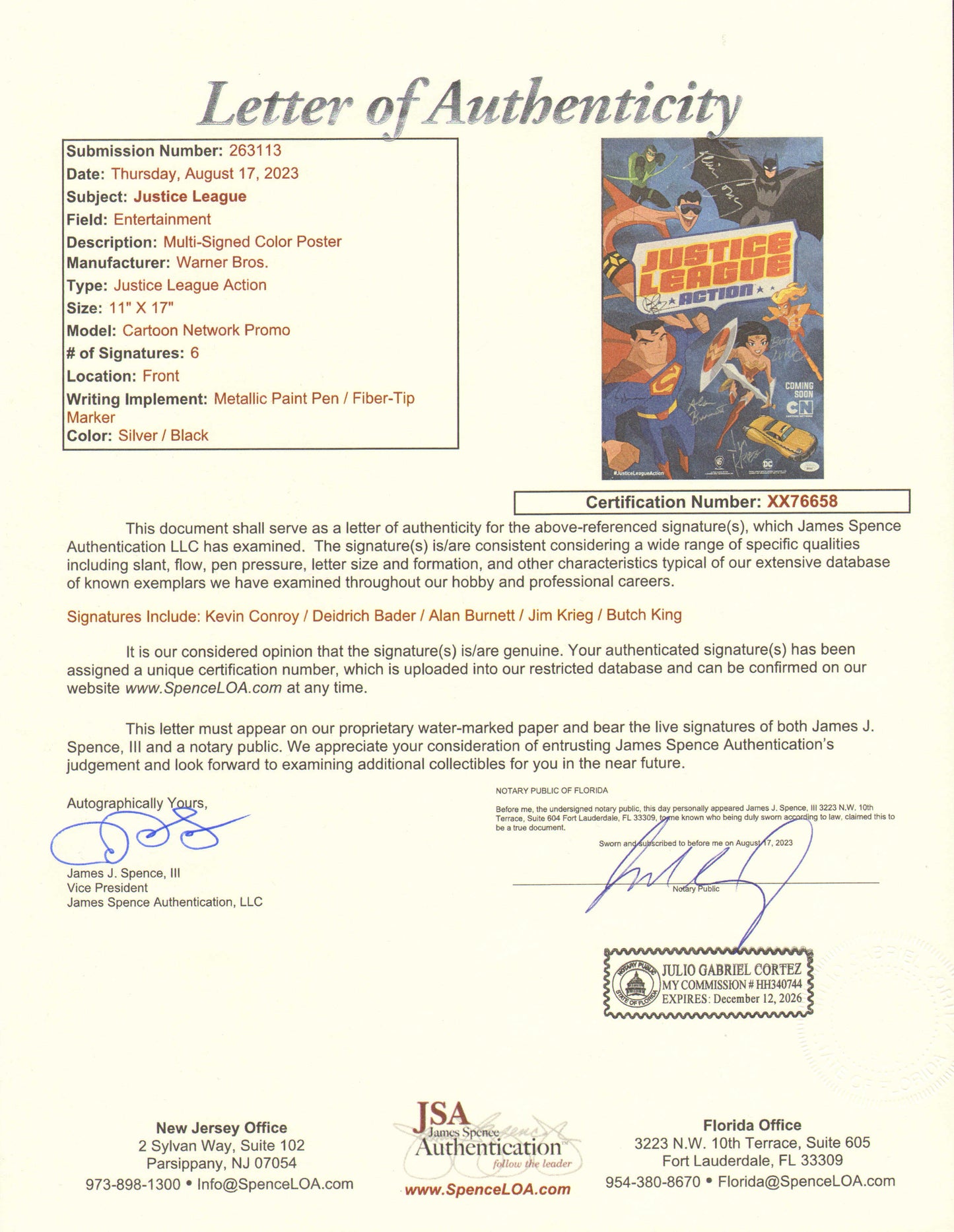 
                  
                    Justice League Action (JSA) 11x17 Mini Poster Cast Signed by Kevin Conroy, Deidrich Bader, Alan Burnett, Jim Krieg, & Butch King
                  
                