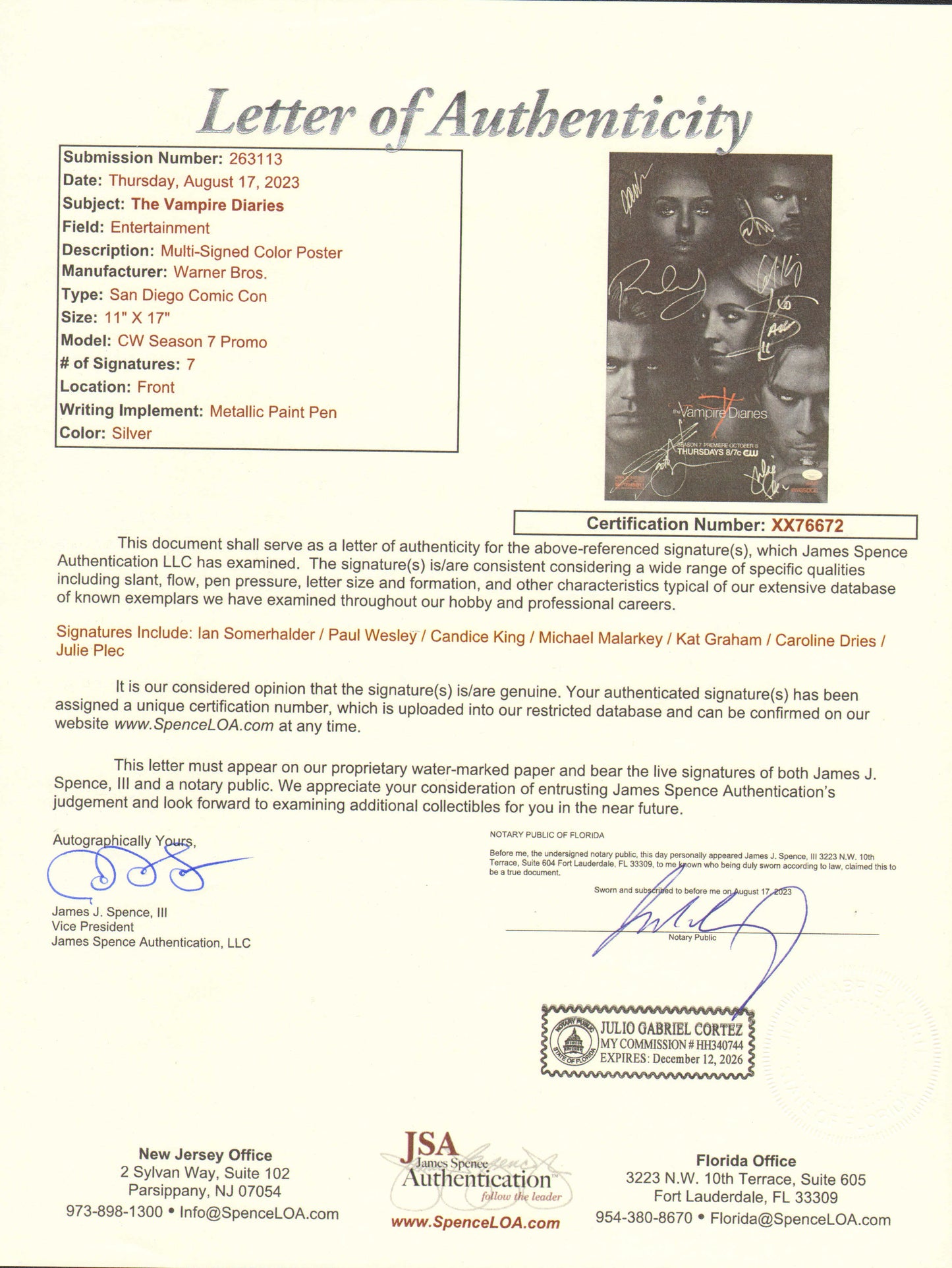 
                  
                    The Vampire Diaries (JSA) 11x17 Mini Poster Cast Signed by Ian Somerhalder, Paul Wesley, Candice King, Michael Malarkey, Kat Graham, Caroline Dries, & Julie Plec
                  
                